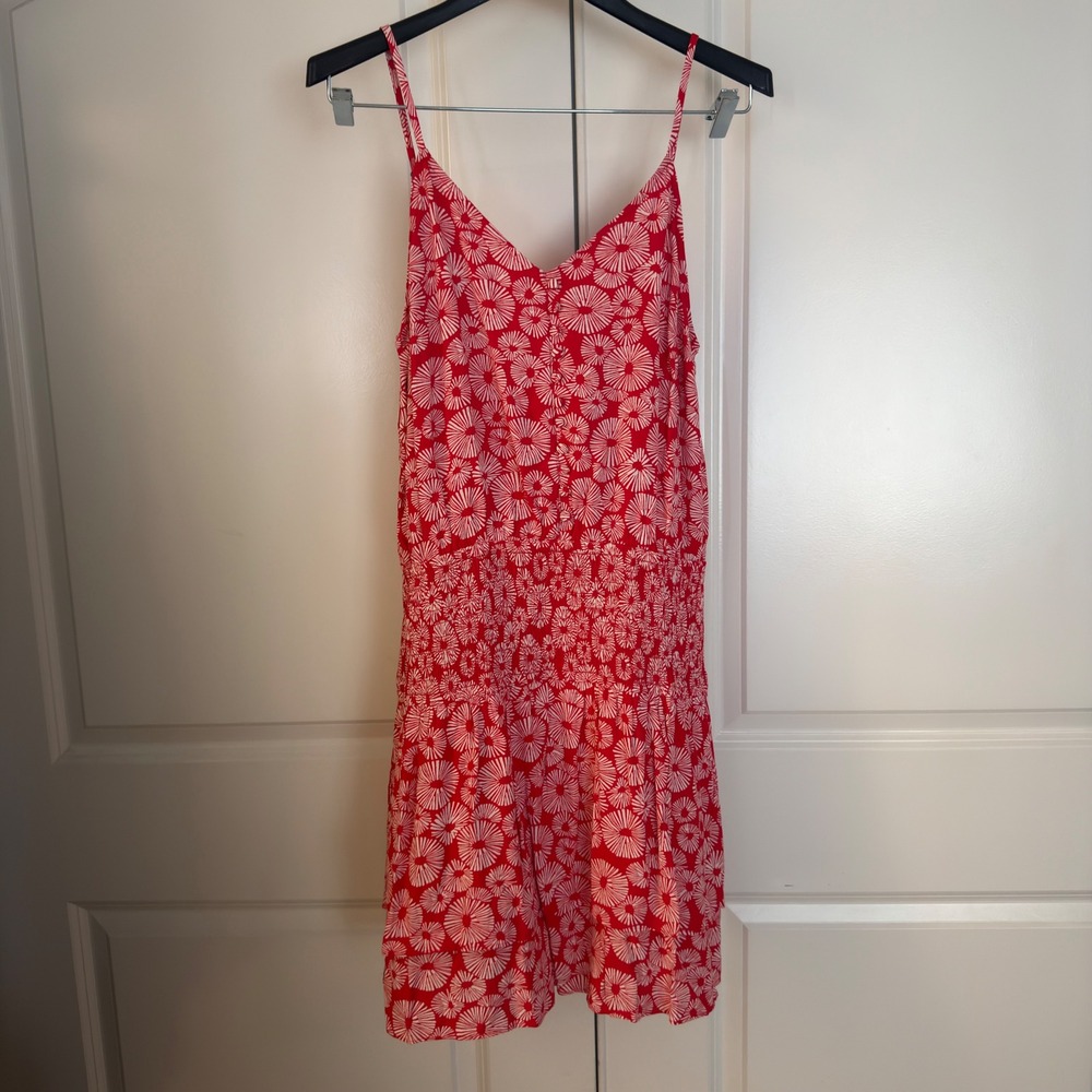 LOFT Red White Burst Floral Smocked Drop Waist Mini Dress NWT Size M